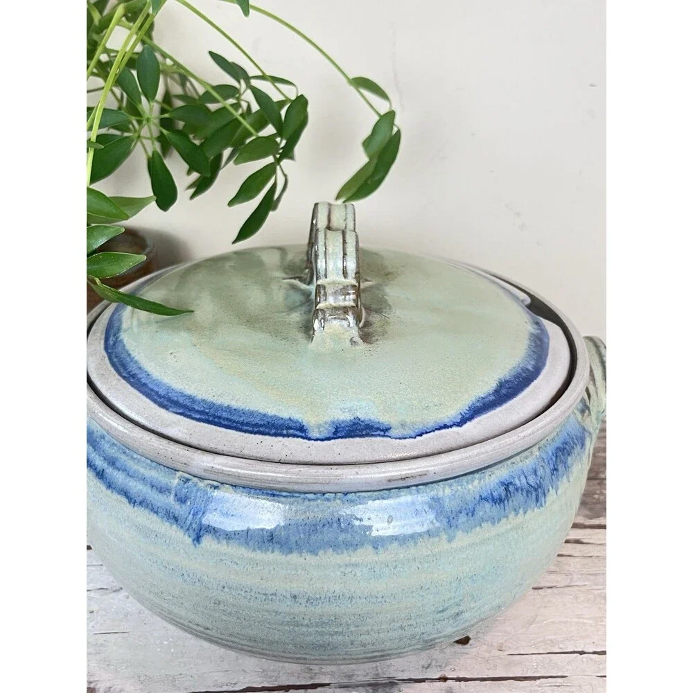 Vintage Handmade Artisan Pottery Tureen Casserole Dish W/Ornate Lid Signed